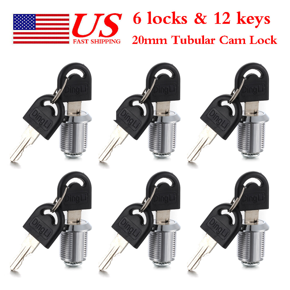 6x w/12 Keys 20mm Tubular Cam Lock Camper Drawer File Cabinet Toolbox Mailbox US