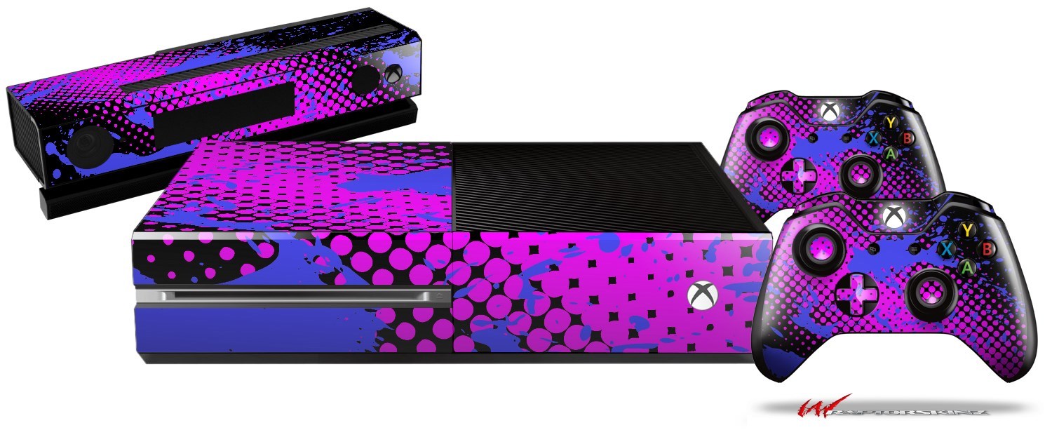 Halftone Splatter Blue Hot Pink Skin Set fits XBOX One Console Controllers