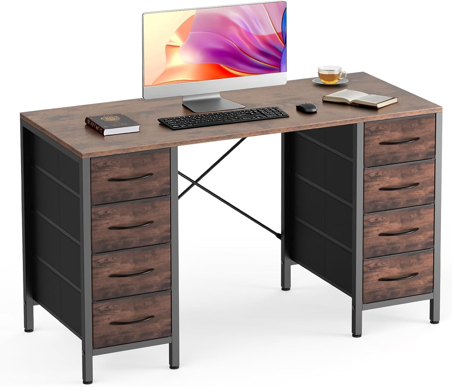 Desk W/ 8 Fabric Storage Drawers Computer Office 47 Inch Gaming Writing Study
