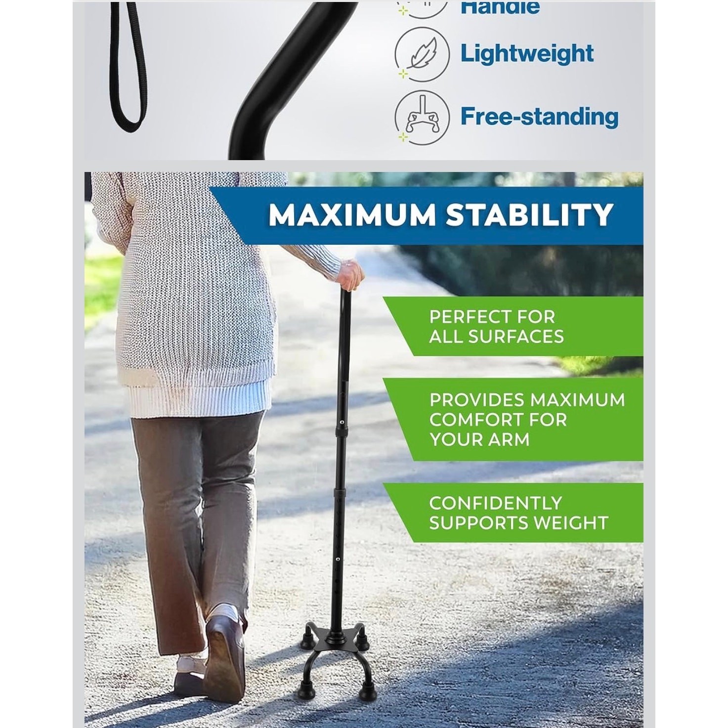 Quad Cane Walking Stick Adjustable Lightweight 4 Prong Base Black