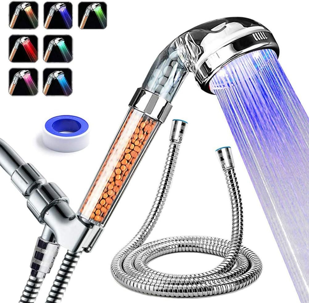 LED Shower Head with Hose and Shower Arm Bracket, High-Pressure Filter Handheld
