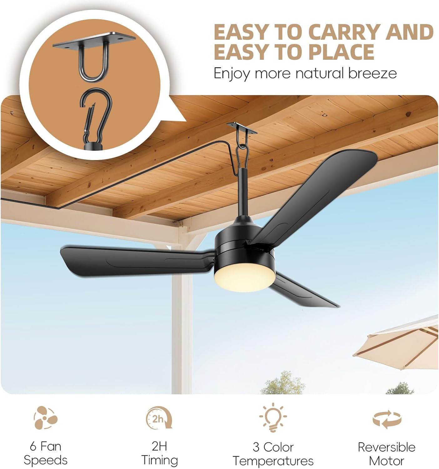 Portable 36.5" Ceiling Fan with Lights, Remote Control for Patios & Pergolas