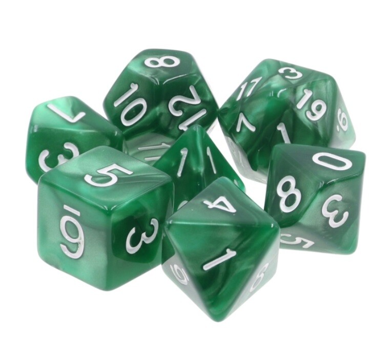 7 Piece Green Marble Polyhedral Dice Set w/ Green Bag – Tangled Thistle