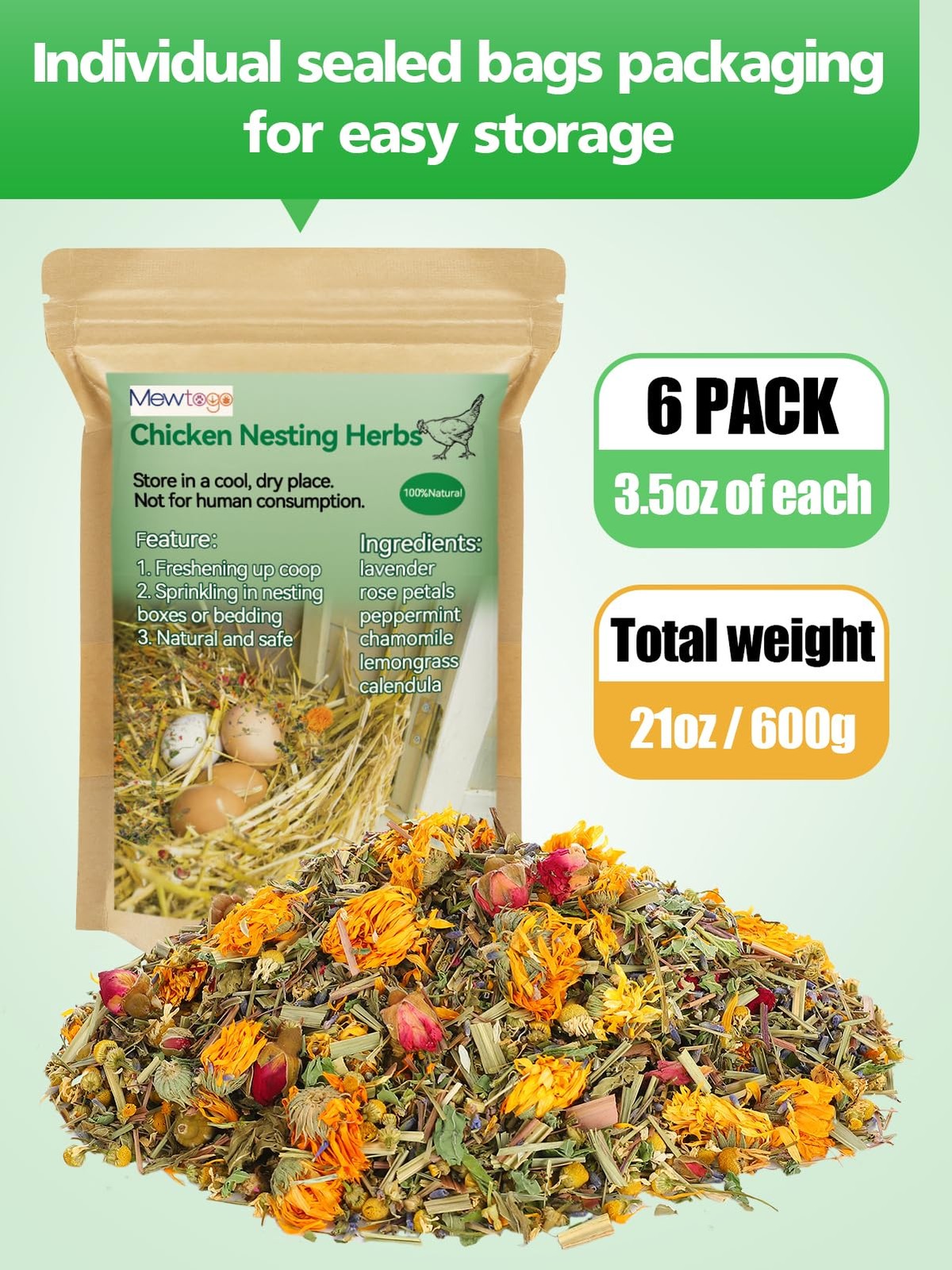 21 Oz Chicken Nesting Herbs - Natural Nesting Box Feed Herbs in 6 Dried Flowe...