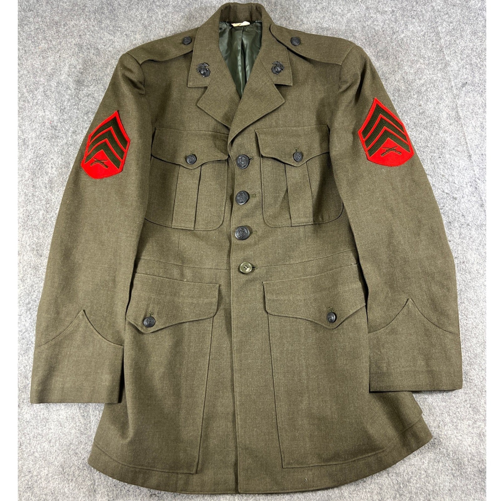 VTG 60s USMC Military Service Alpha Service Coat Mens 37R Green Sergeant Patches