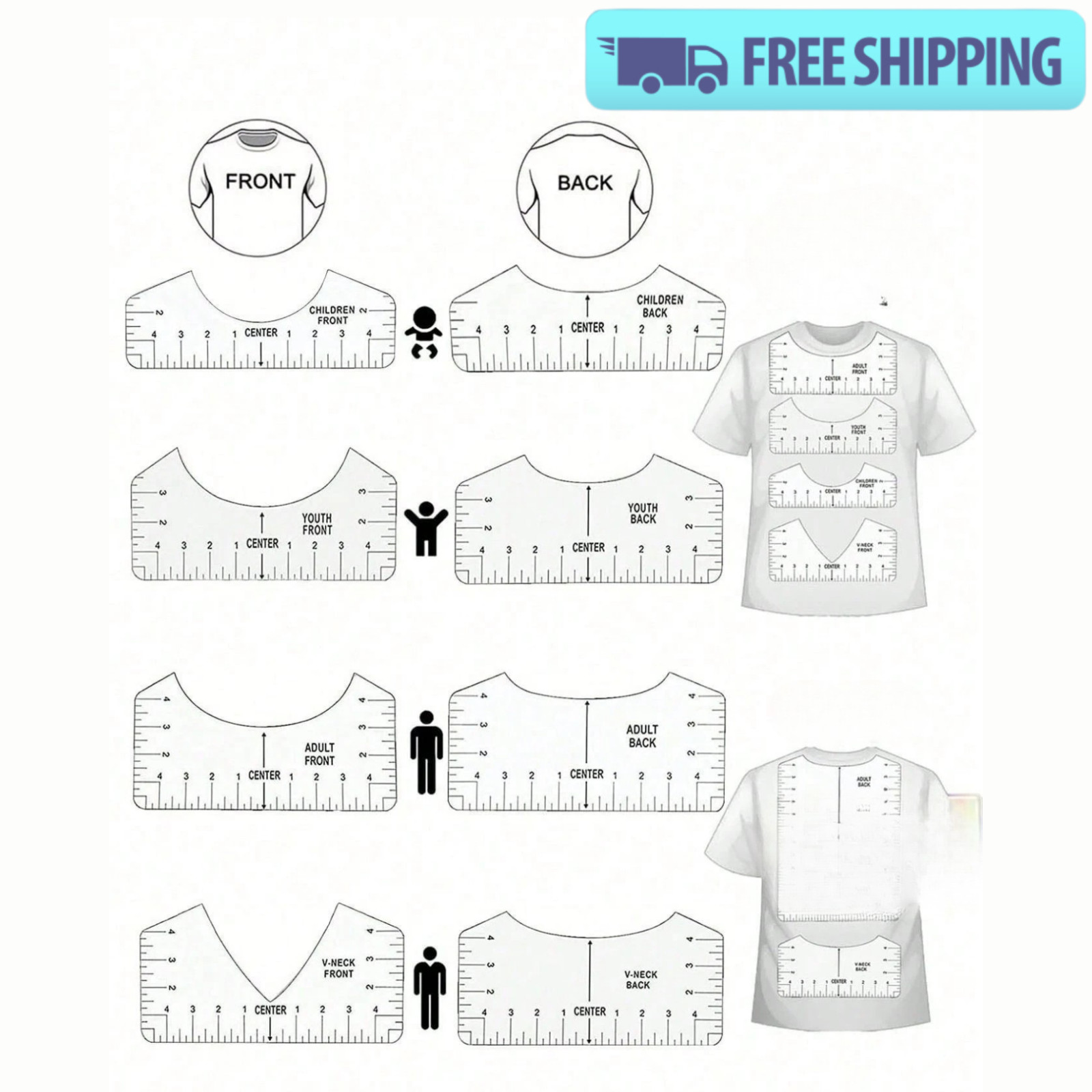 8Pcs T-Shirt Ruler Guide Alignment Tool Vinyl Sewing Craft DIY Supplies Kit