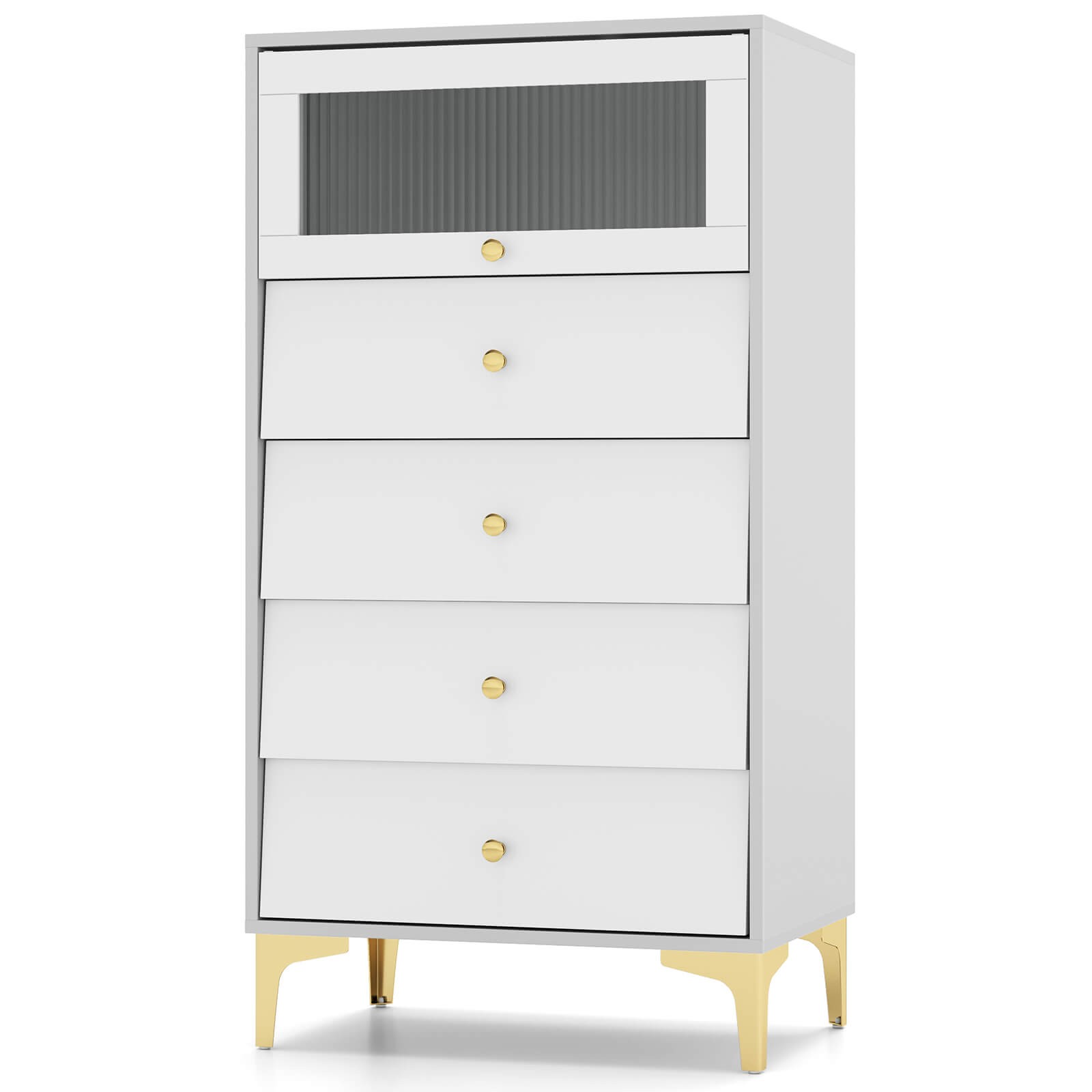 4 Drawer Dresser 44.5" Tall Dresser Chest of Drawers w/Flip-up Fluted Glass Door