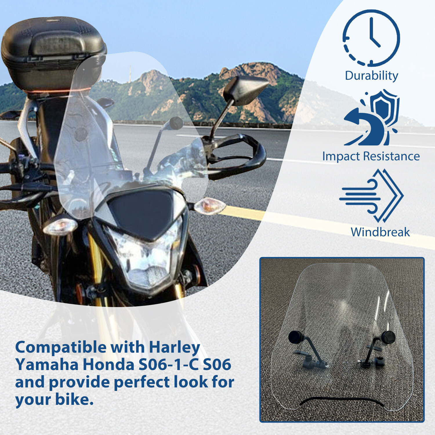 Windshield for Motorcycle Sportster Softail Dyna Glide Suzuki 7/8" 1" S-06C