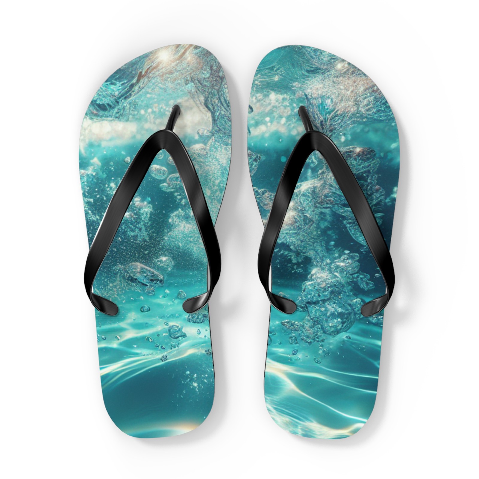 Flip Flops. Sparkling Blue water, with Black strap and bottoms.