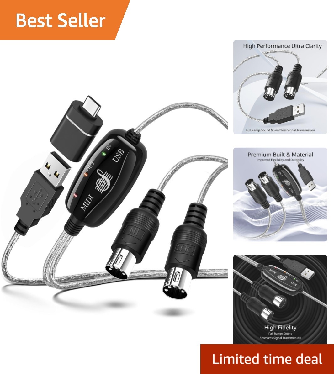 Reliable 2m MIDI to USB Cable with LED Indicators for Seamless Music Production
