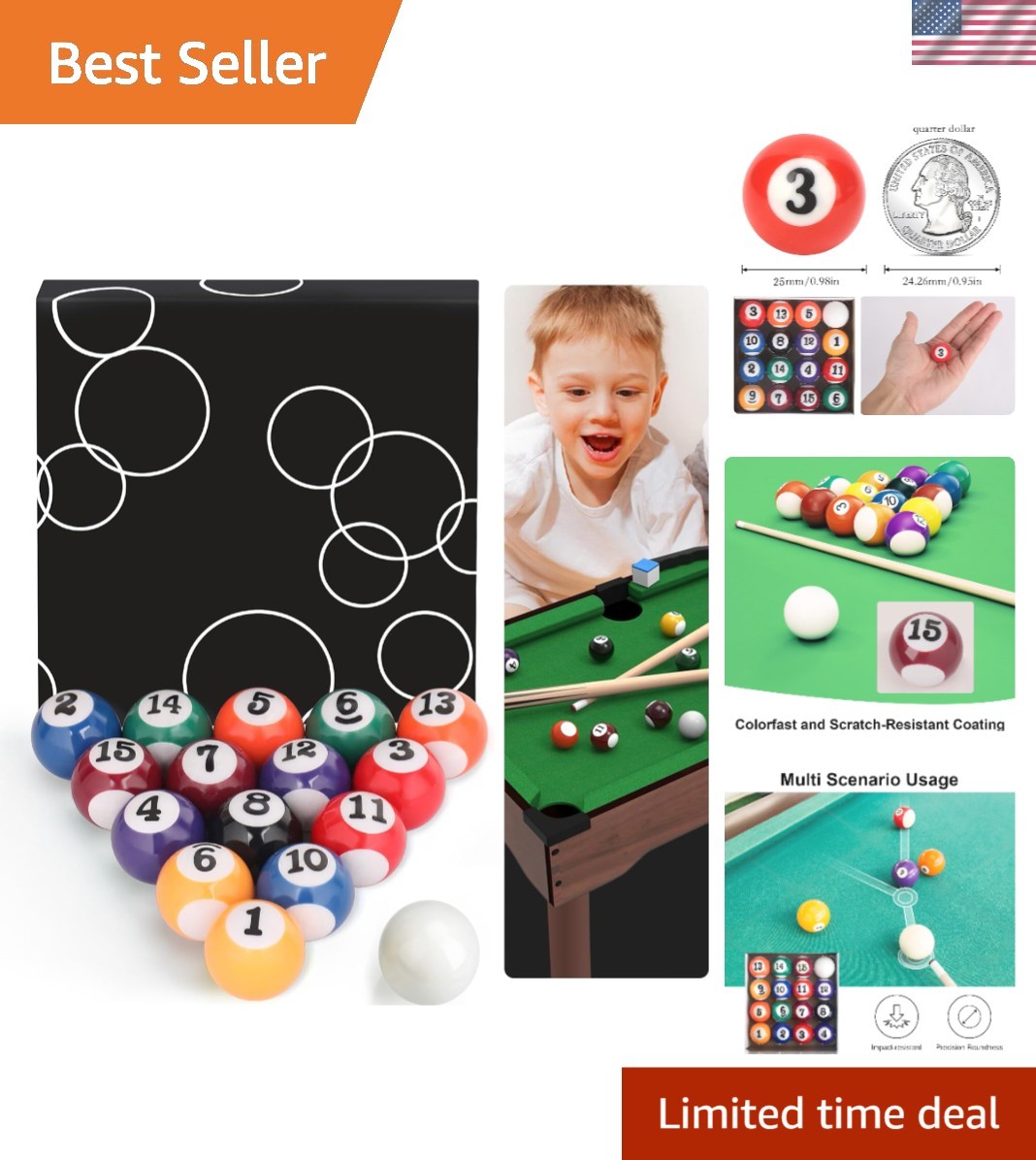 Complete 16-Piece Kids Mini Billiard Ball Set with Vibrant Colors & Storage
