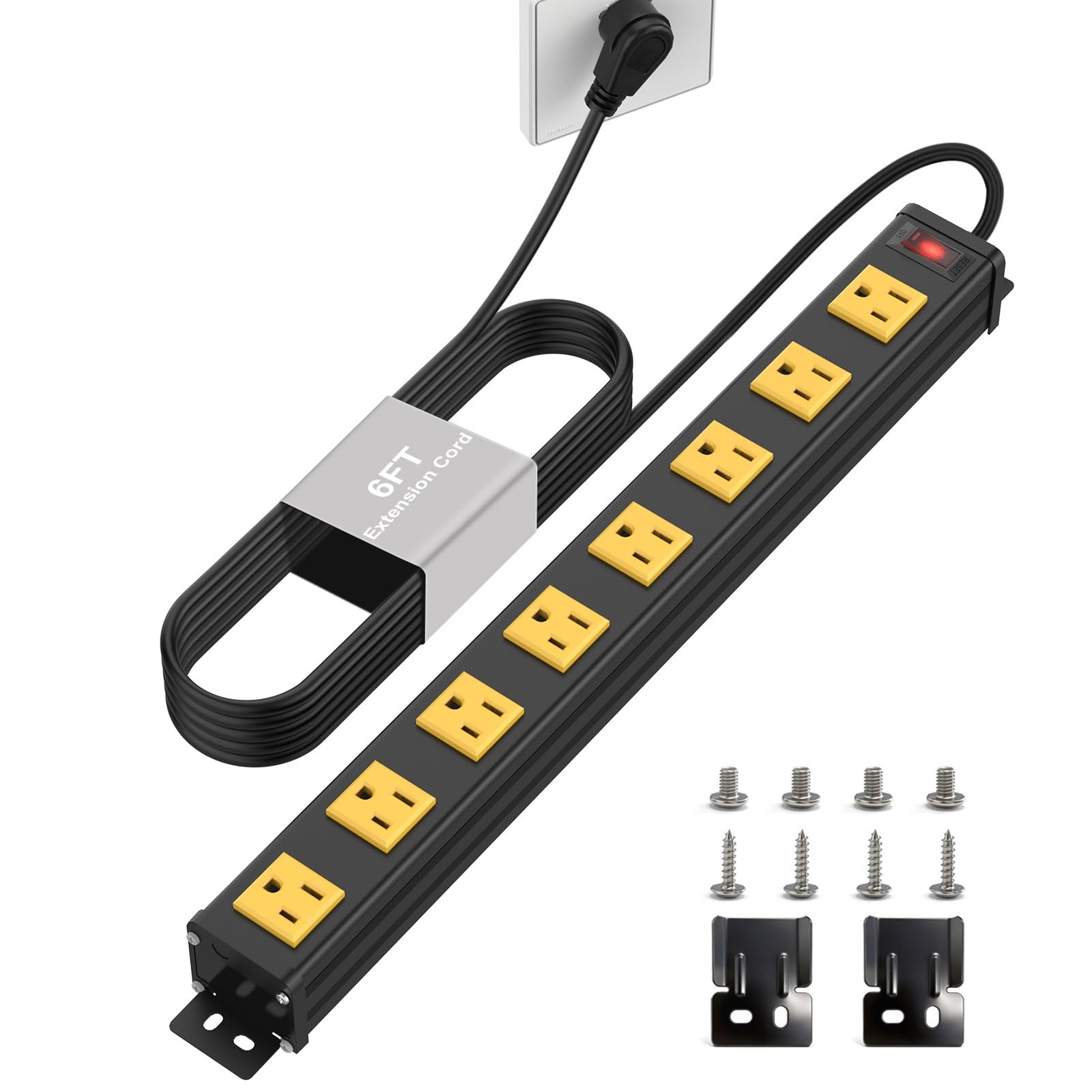 Heavy Duty Metal Power Strip Wall Mount 8 Outlet Flat Plug Switch 6 FT Cord