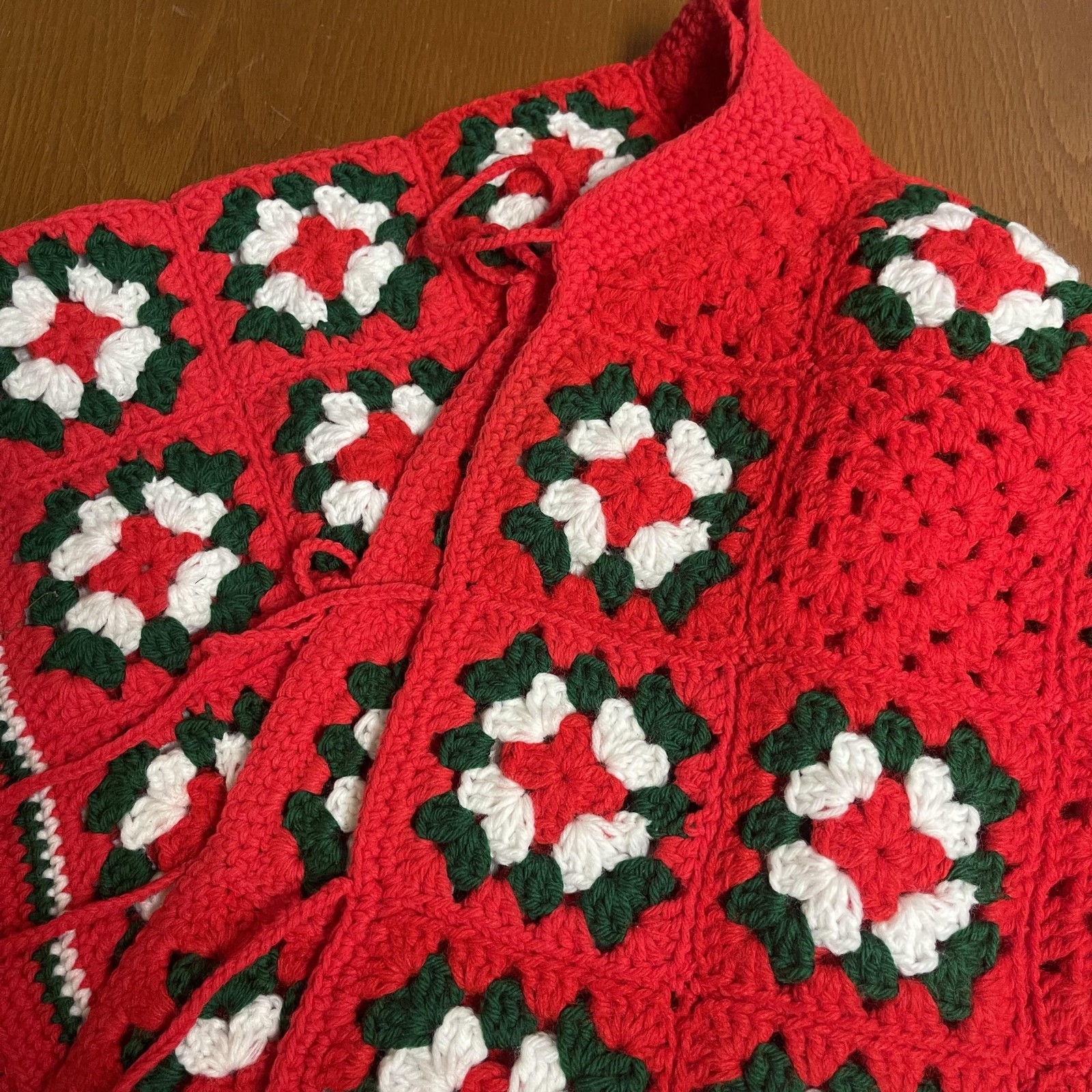 Vintage Handmade Crochet Christmas Tree Skirt Afghan Granny Square Holiday Decor