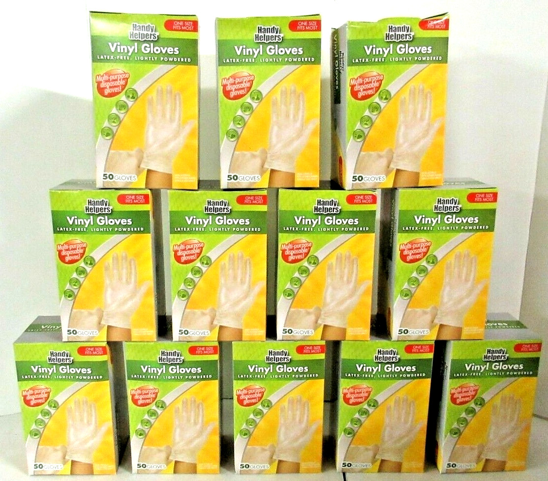 (12 boxes of 50) Vinyl Disposable Gloves Handy Helpers LATEX FREE  Multipurpose