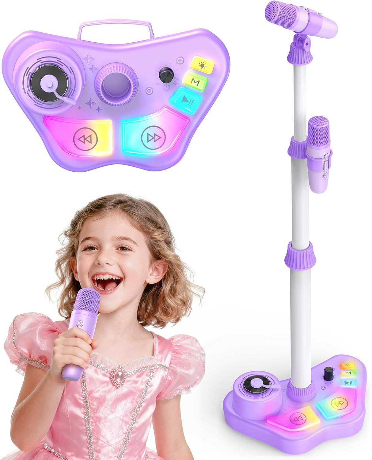 Kids Stand Rechargeable Karaoke Machine Toys with 2 Wireless Mic, Microphone Gif