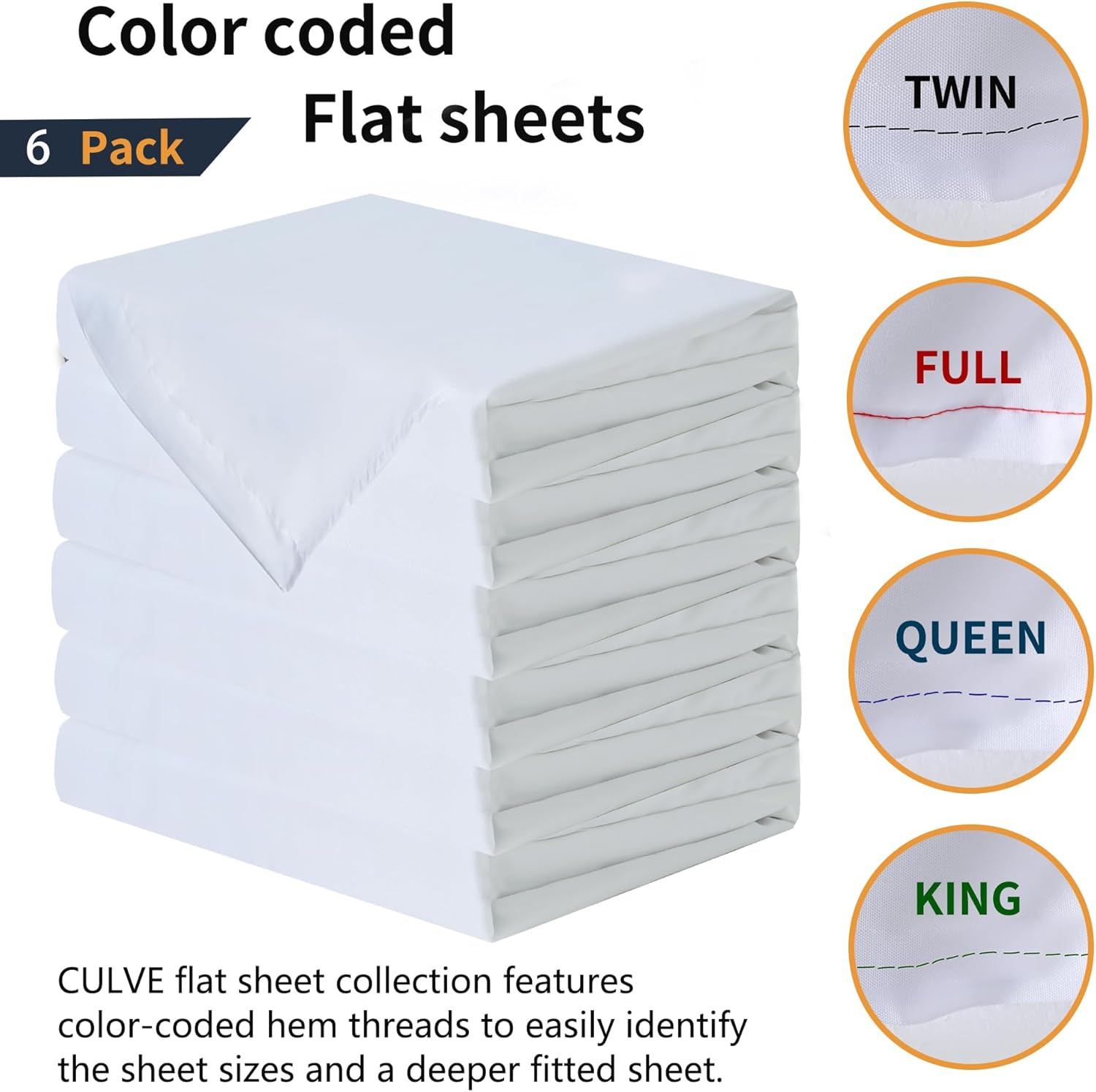 Bulk Full Flat Sheets Only, White 6 Pack Quick Sort Top Bed Sheet, Color-Coded H