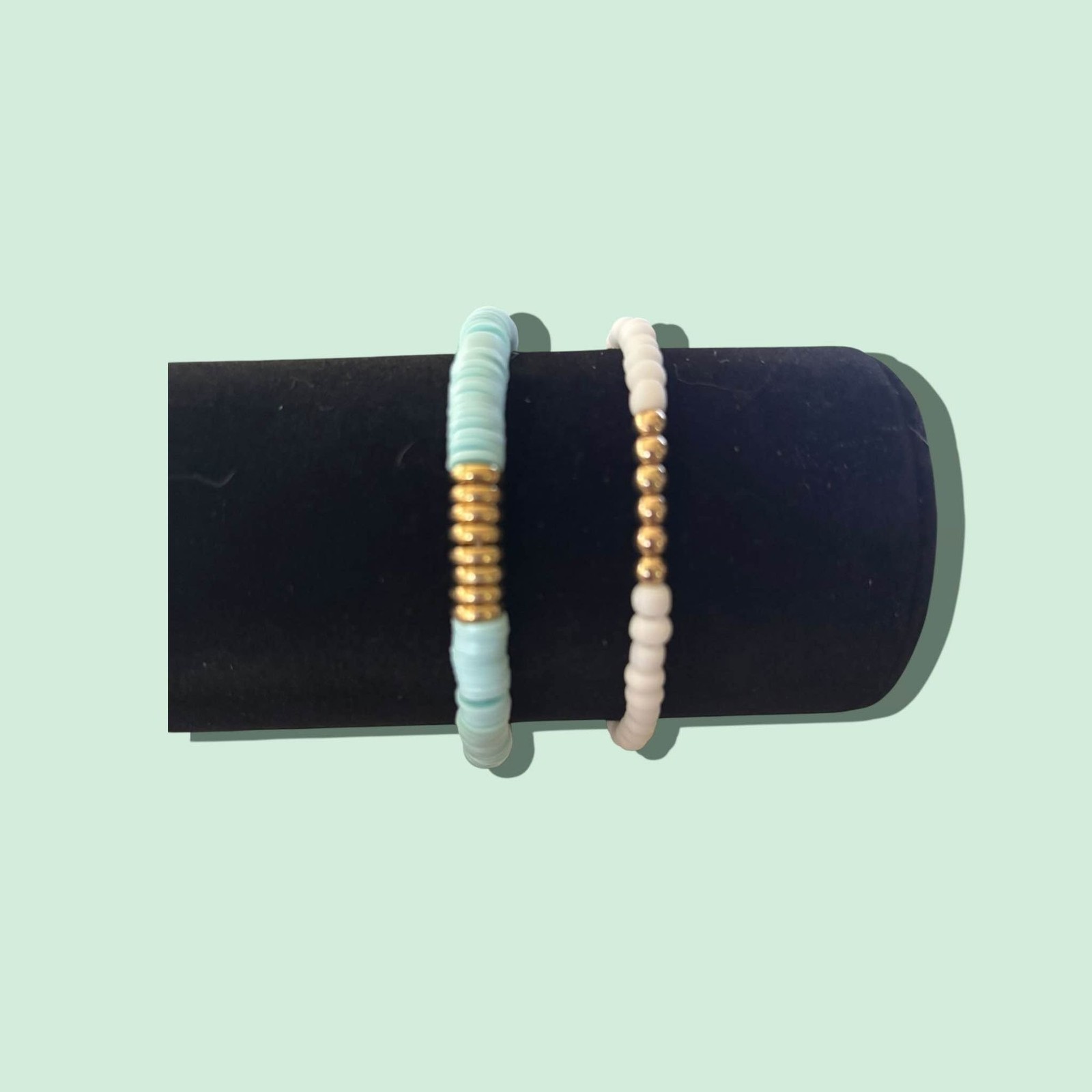 Handmade Beaded Stretch Bracelet Pair Mint and White 0211