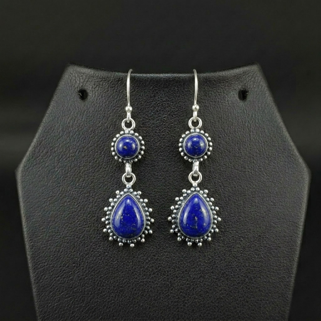 Lapis Lazuli Gemstone 925 sterling silver handmade Dangle Drop Earrings 2.25"