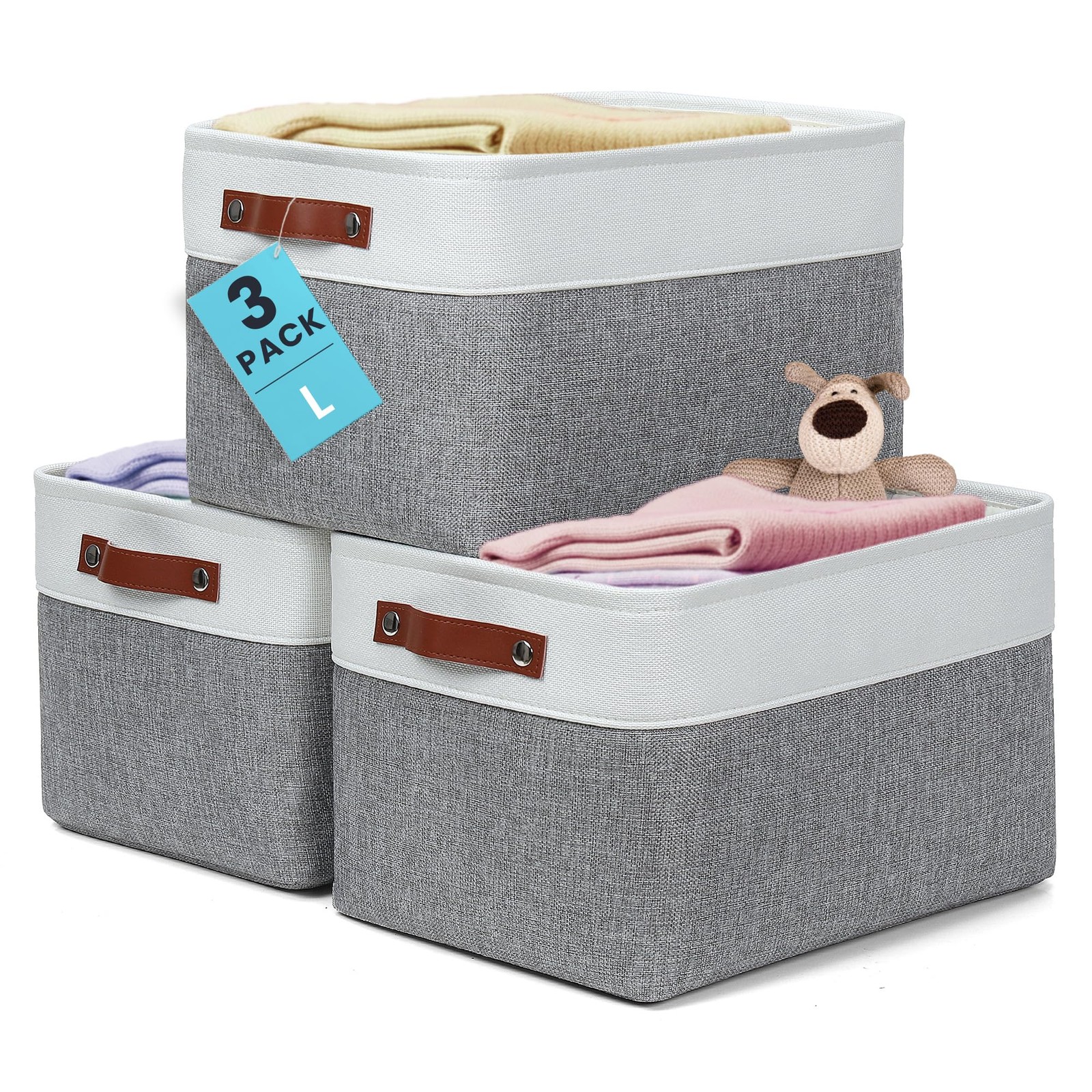 OrganiHaus 15x11in Canvas Storage Baskets 3 Pack | LARGE Fabric Bins for Shel...