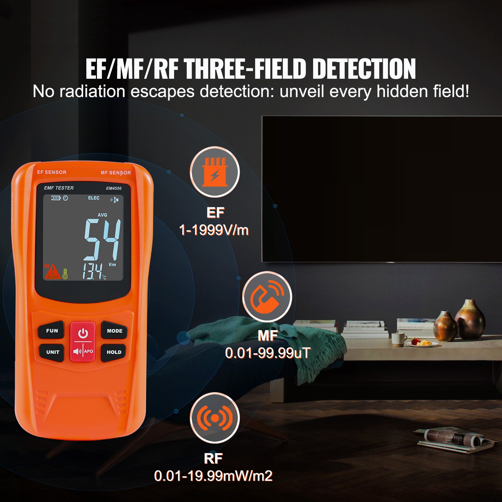 3-in-1 EMF Meter 5Hz-6GHz Electromagnetic Field Radiation Detector LCD Tester