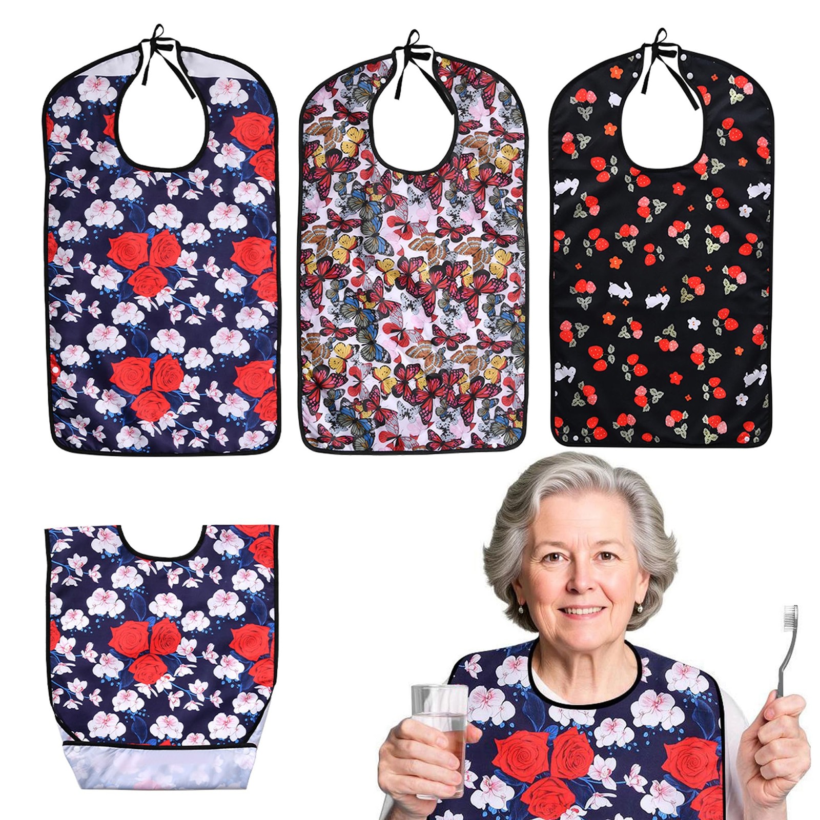 Oulisen 3 PCS Adult Bibs For Women With Crumb Adult Flower and Butterfly