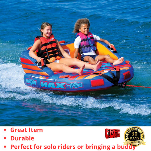 WOW Sports Max Vibes 2 Person Towable Tube Inflatable Boat Tow Rope Included