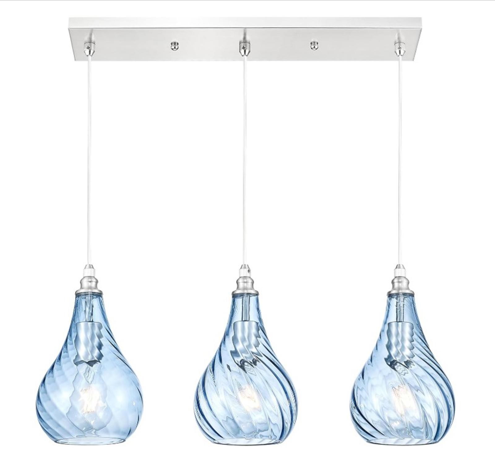 3-Light Pendant Lights - Brushed Nickel with Blue Glass.
