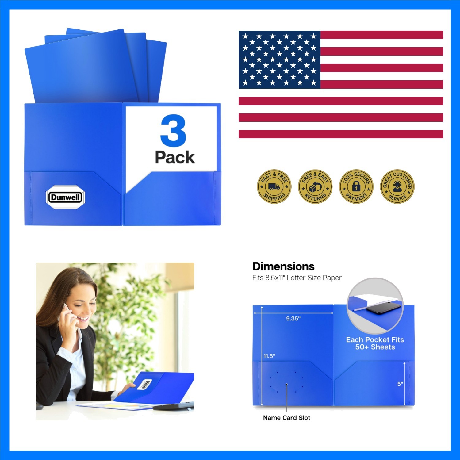Plastic 2-Pocket Folders, Blue, 3 Pack, Heavy-Duty Poly | Heavy-Duty Acid-Fre...