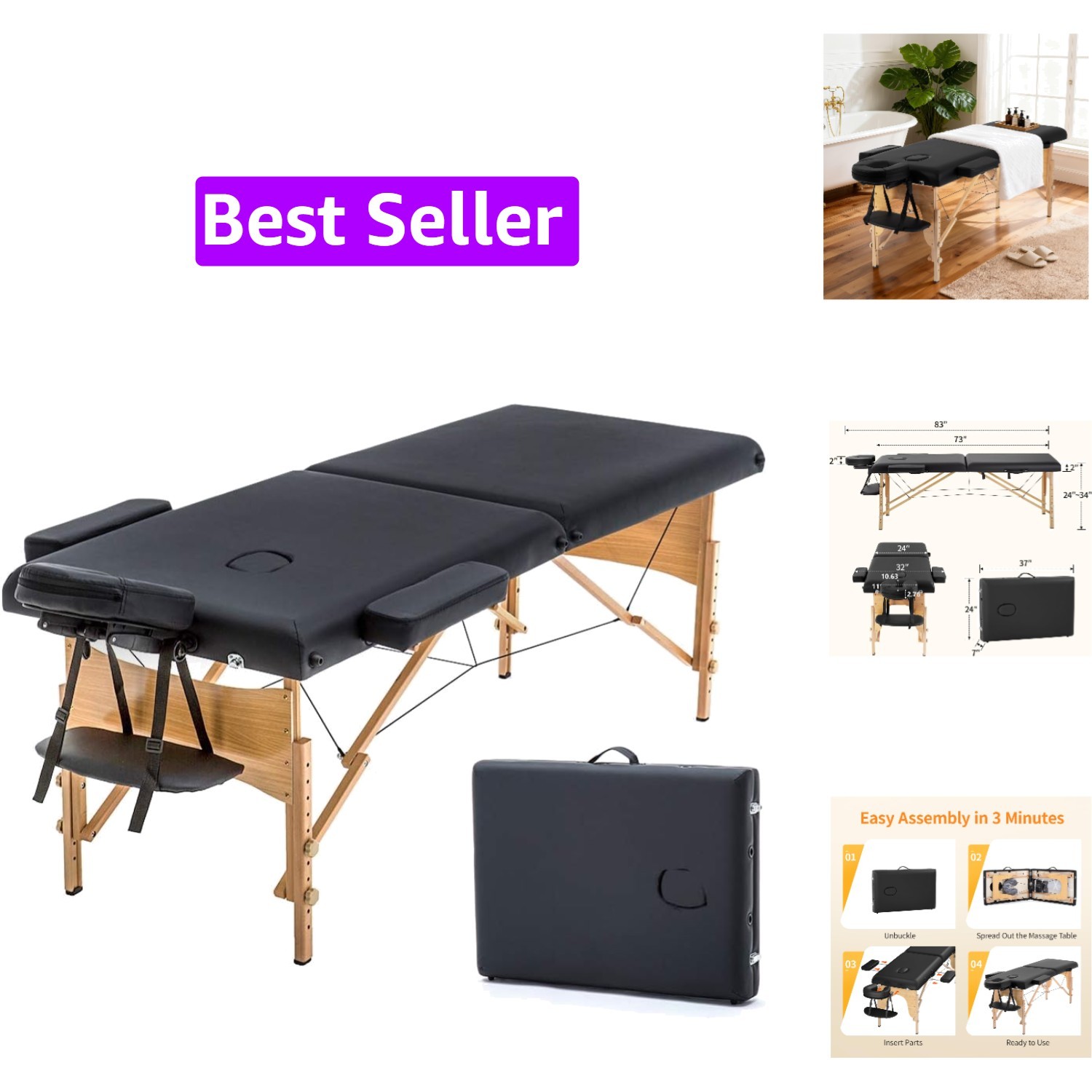 Massage Bed Portable Massage Table 24 inch Wide Lash Bed Height Adjustable 2 ...