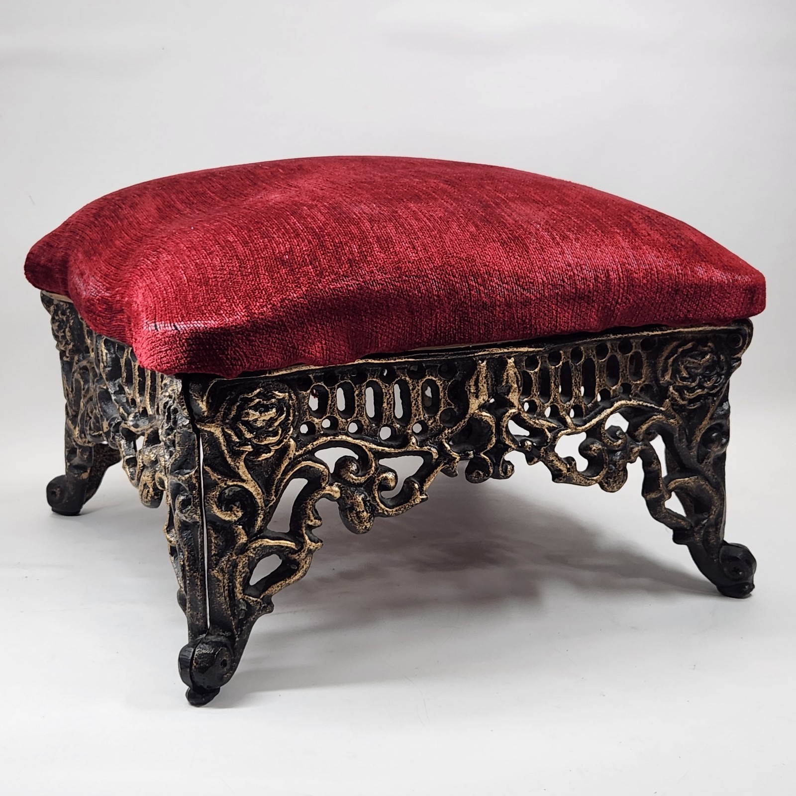 Cast Iron Victorian Footstool Antique Gold Gilt Red Fabric Stool 14" Square