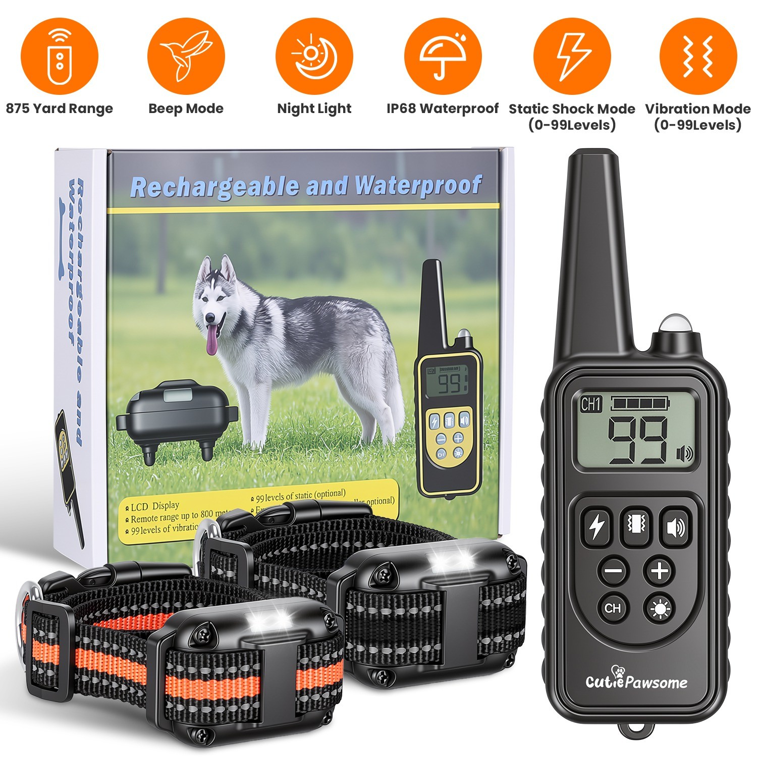 Dog Training Collar 875 Yard Remote Rechargeable Shock Pet Waterproof Trainer