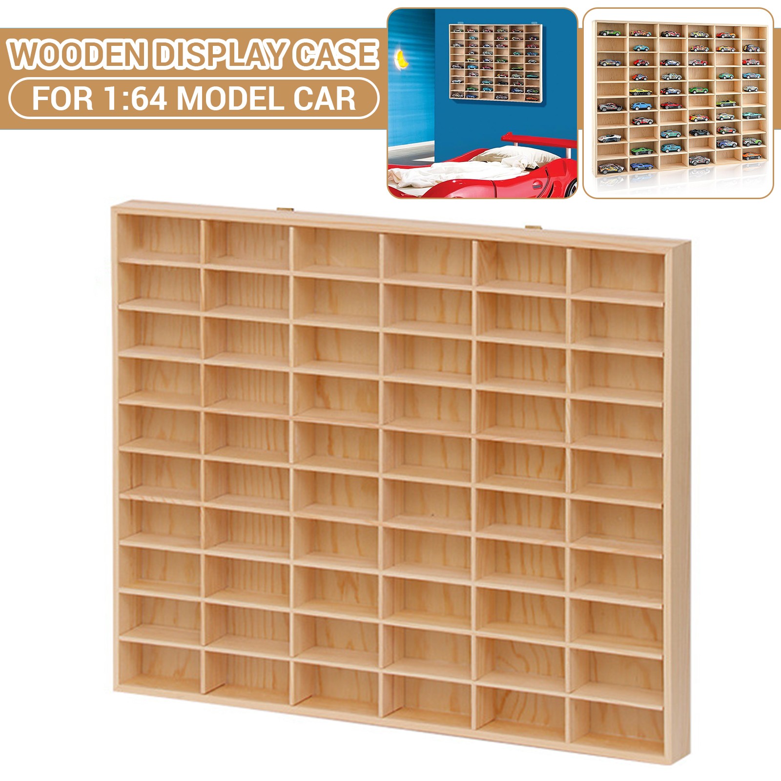 60 Grid Wooden Display Case for 1:64 Toy Car Model Wall Mounted Storage Stand