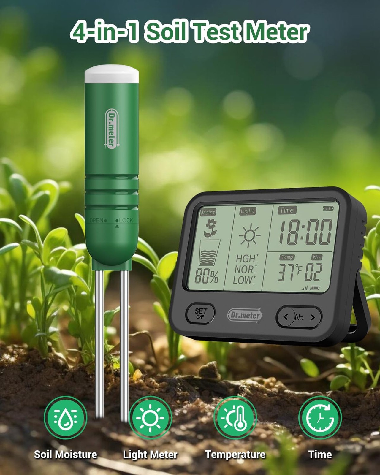 Dr.meter 4-in-1 Soil Moisture Meter, 300ft Wireless Soil Tester Sensor, Tempe...