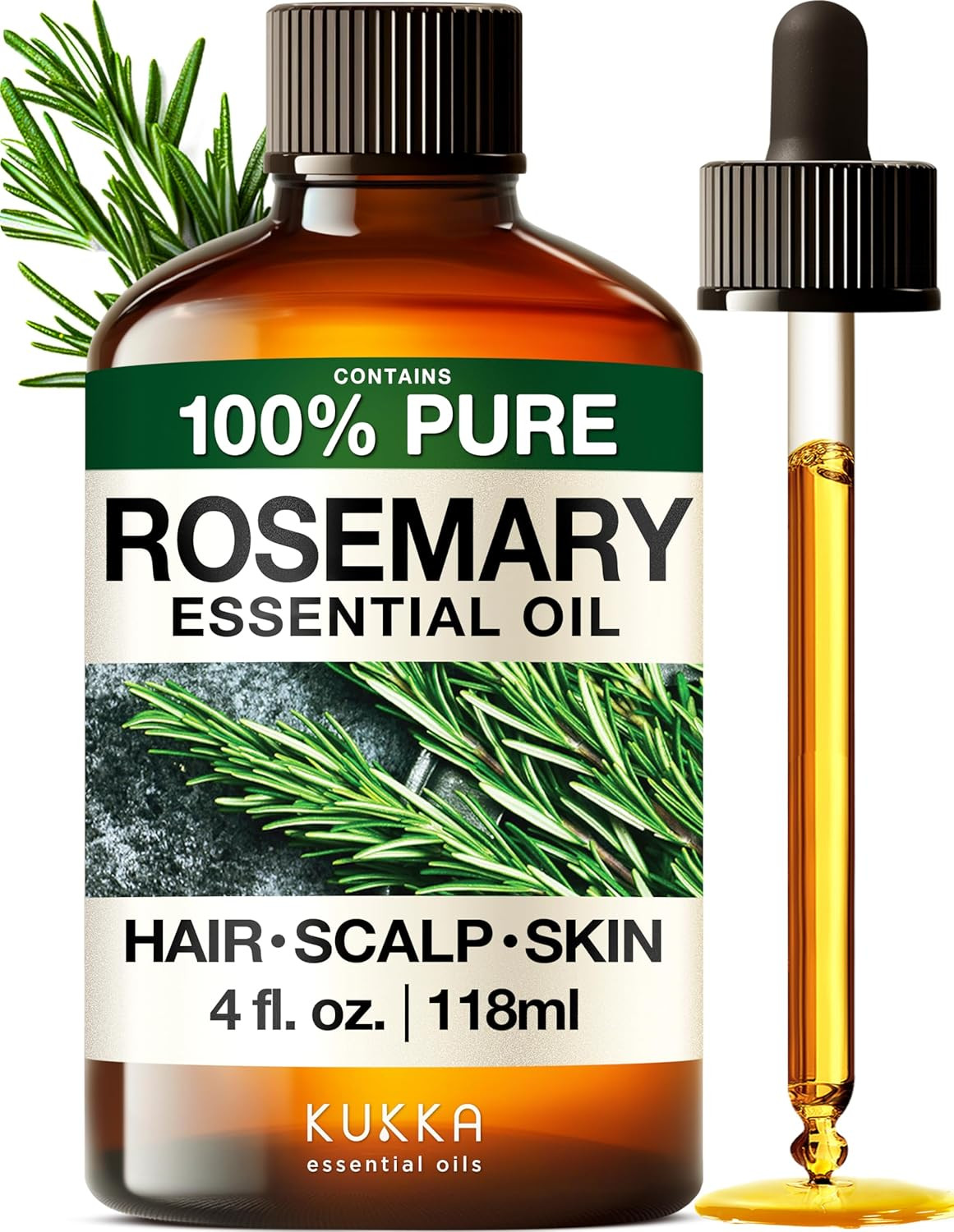 KUKKA Rosemary Essential Oil - 4 Fl Oz for Hair, Skin, and Aromatherapy