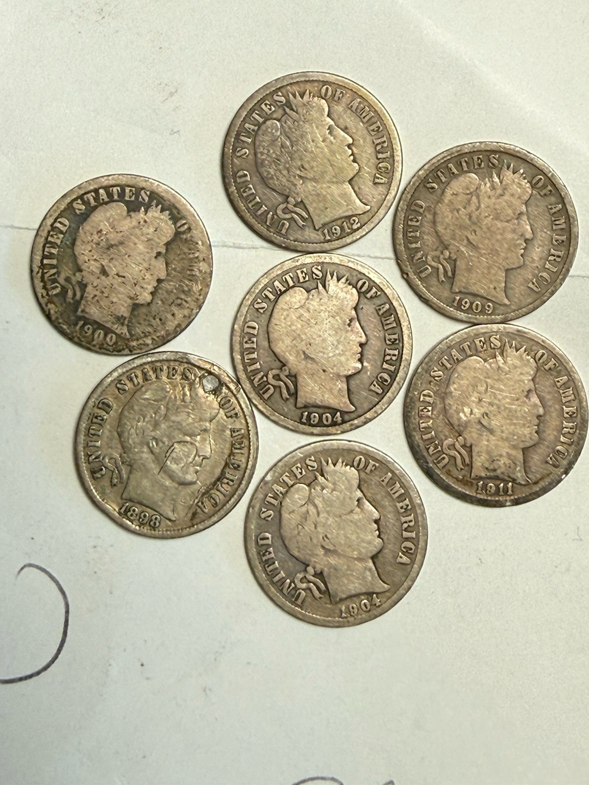 BARBER DIMES~90% SILVER~Lot of (7)~1900 S, 1912 S, 1909, 1911 D, 2-1904, 1898.