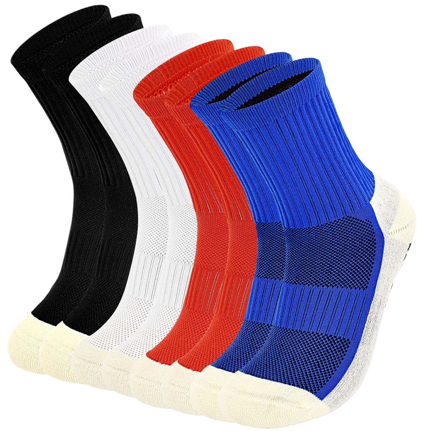 ELUTONG Kids Grip Soccer Socks 8-12 Years, #1 Black+red+white+blue(4 Pairs)