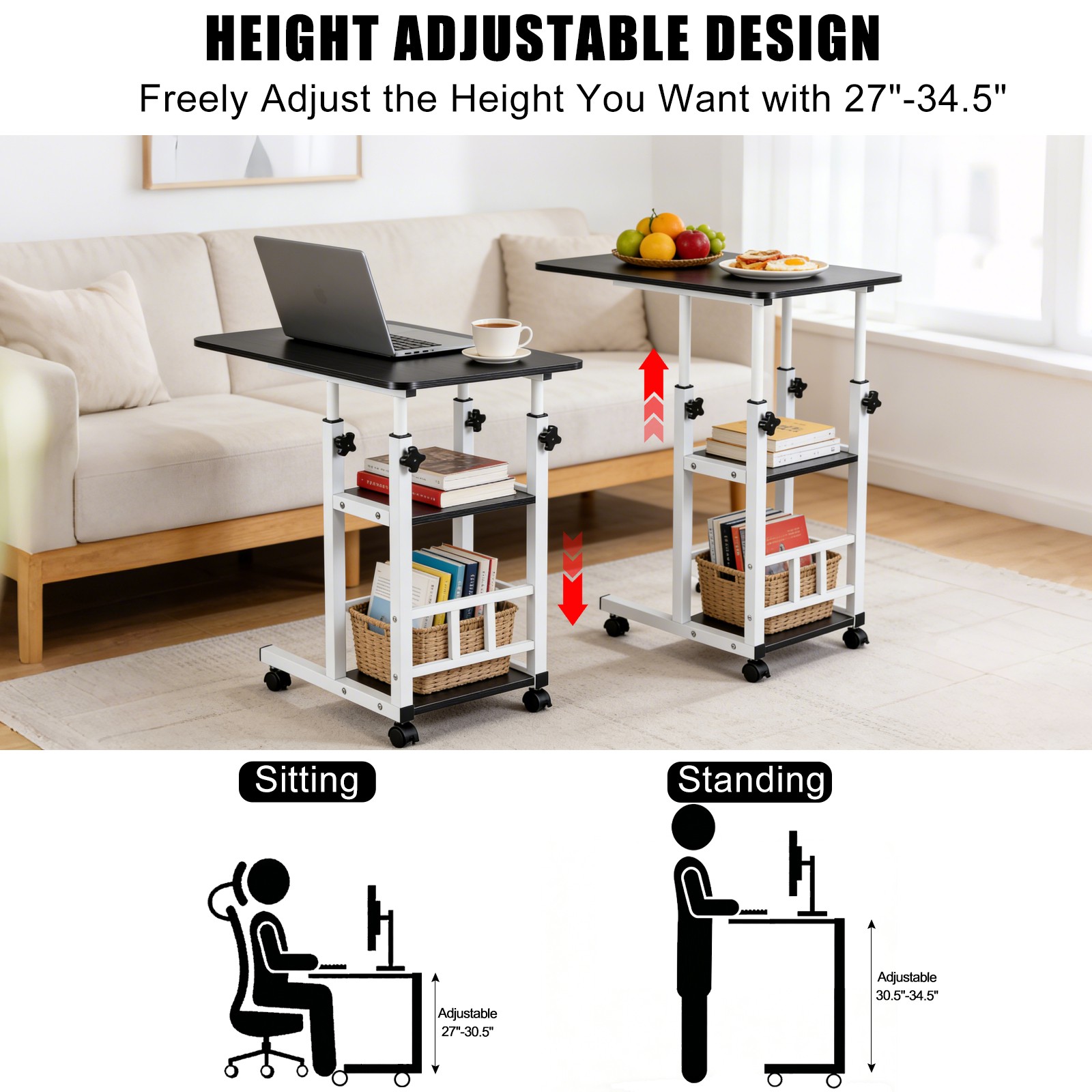 Rolling Laptop Desk Adjustable Notebook Computer Stand Bed Sofa Table Food Tray
