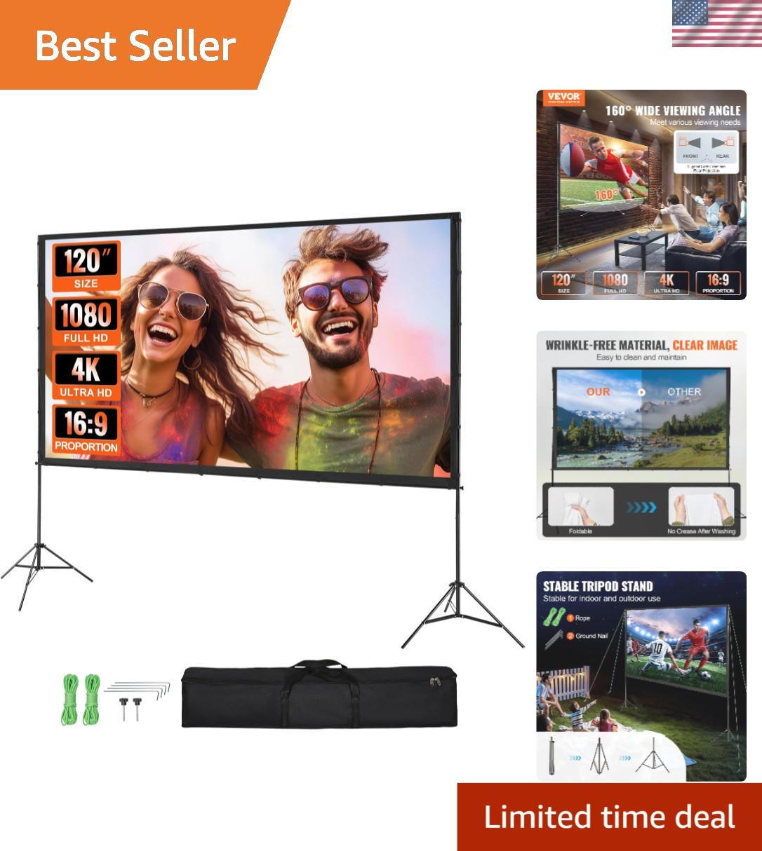 Projector Screen with Stand, 120 inch 16:9 4K 1080 HD Outdoor Movie Screen wi...