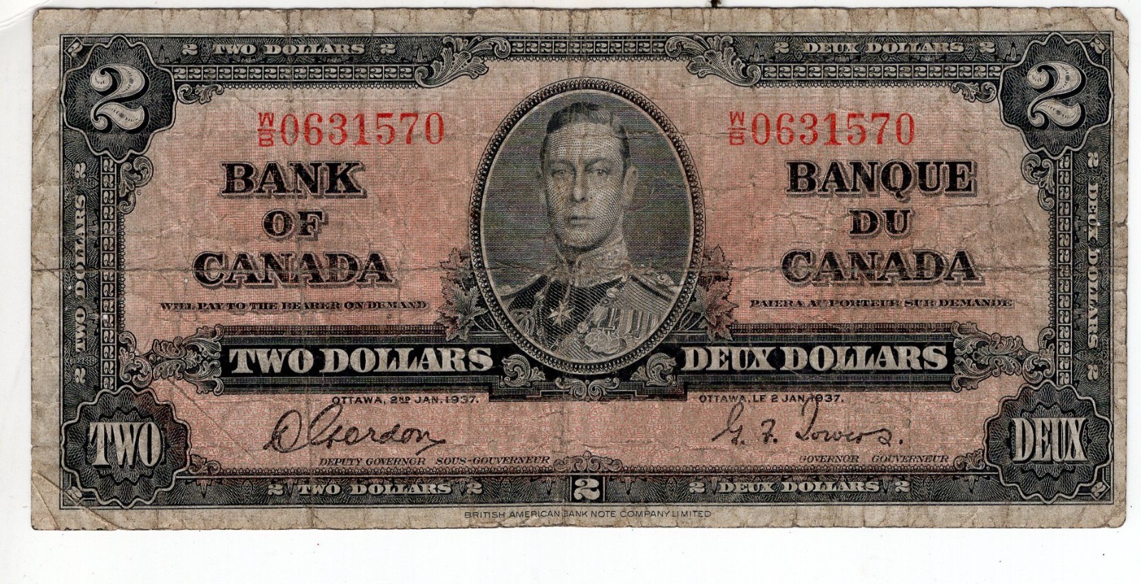Bank of Canada 1937 $2 Two Dollars Gordon-Towers W/B Prefix Fine