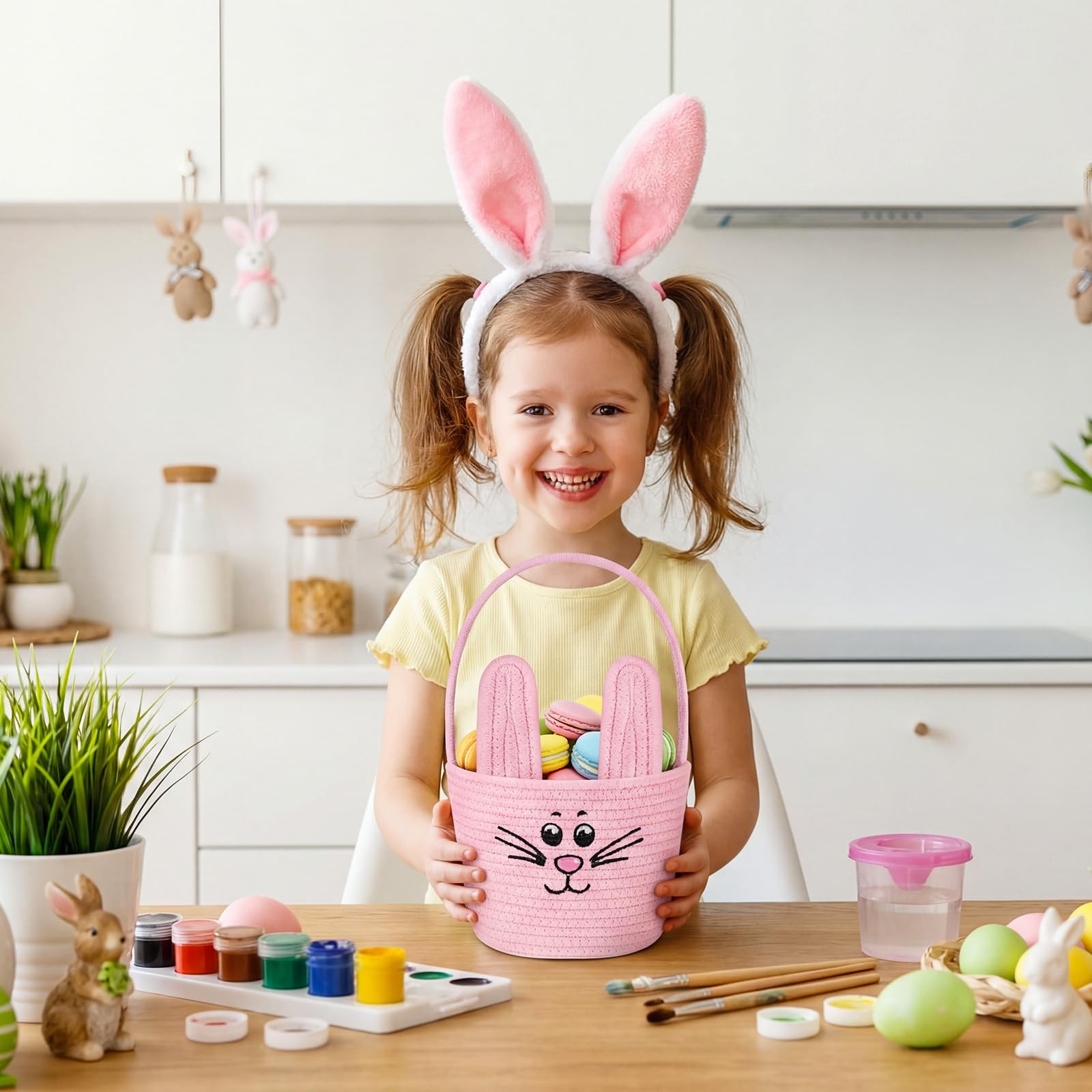Woven Easter Baskets Woven Bunny Baskets with Handles Eggs Hunt Bucket Rabbit...