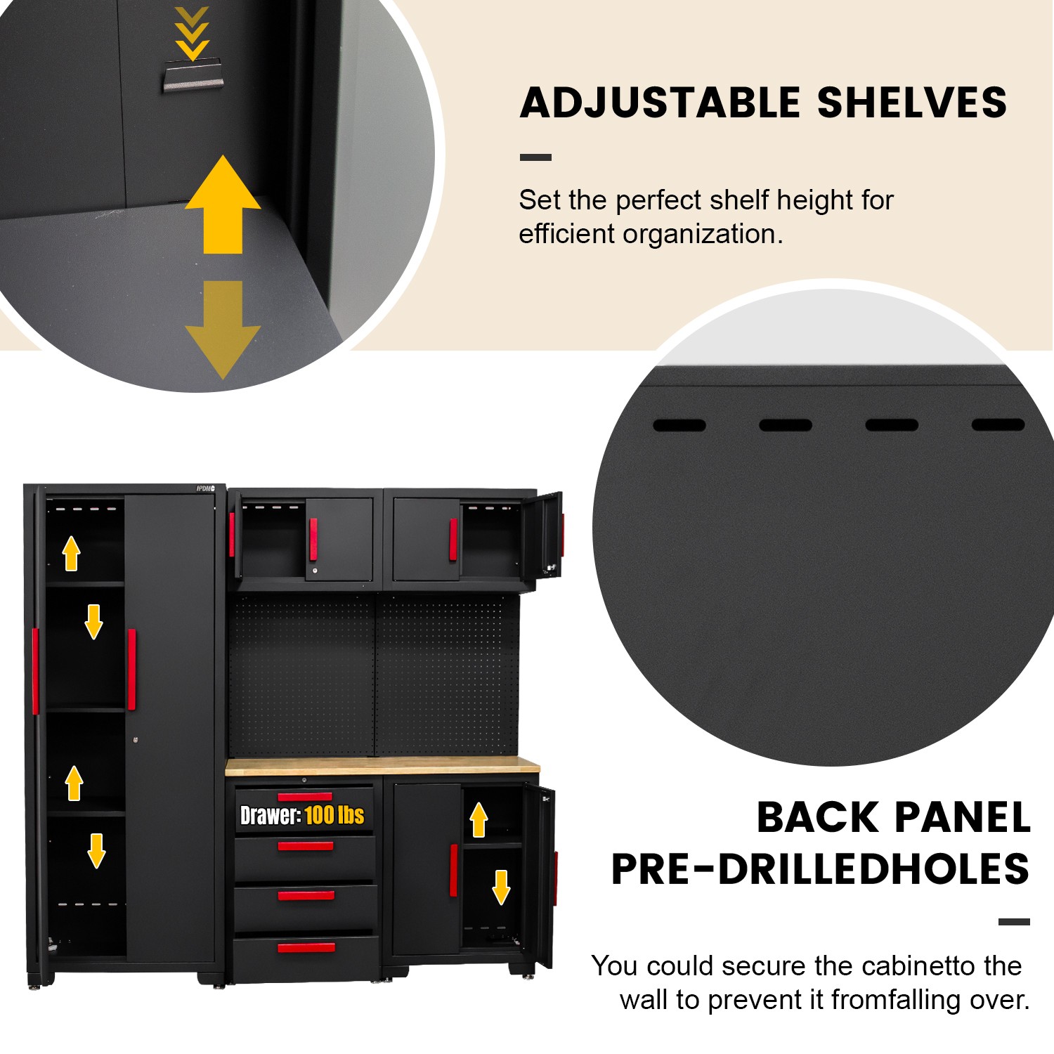 Garage Storage Cabinet System -Corner Cabinet,Cabinet Drawers,Workbench,Pegboard