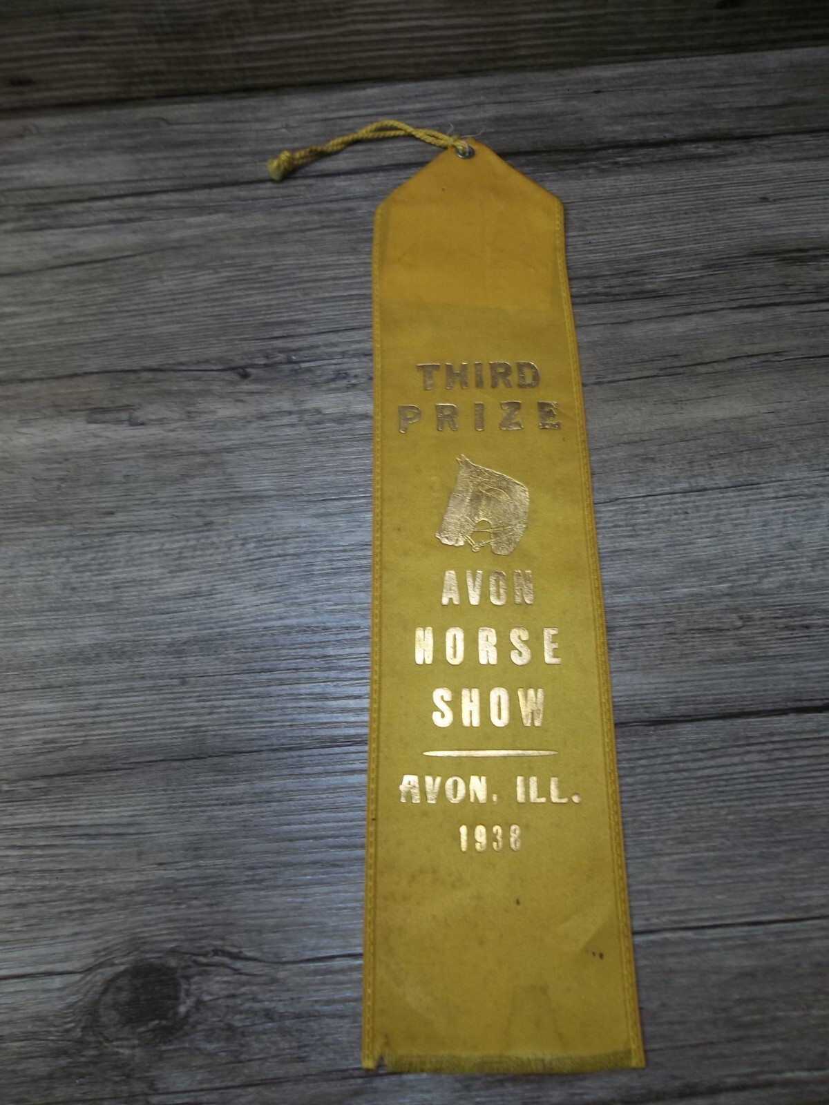vintage horse show ribbon Avon, Ill.  3rd place prize yellow ribbon 1938     B