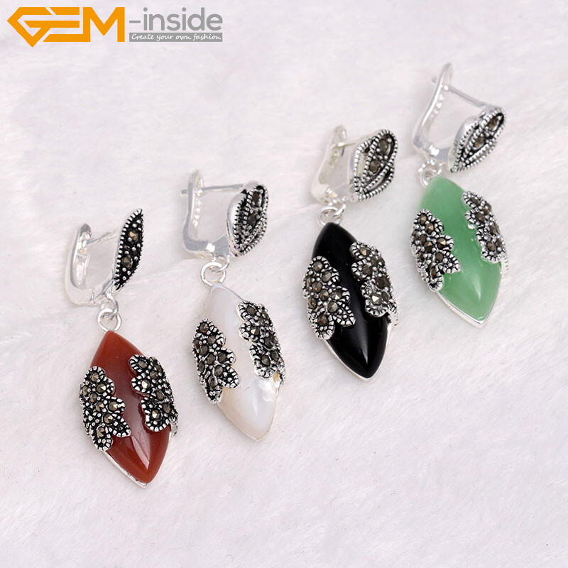 Silver Tibetan Marquise Marcasite Dangle Turquoise Agate Women Earrings Gift