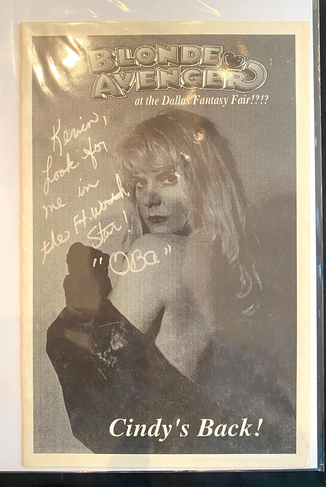 BLONDE AVENGER IS BACK DALLAS FANTASY FAIR FLYER - SIGNED CINDY JOHNS 1996