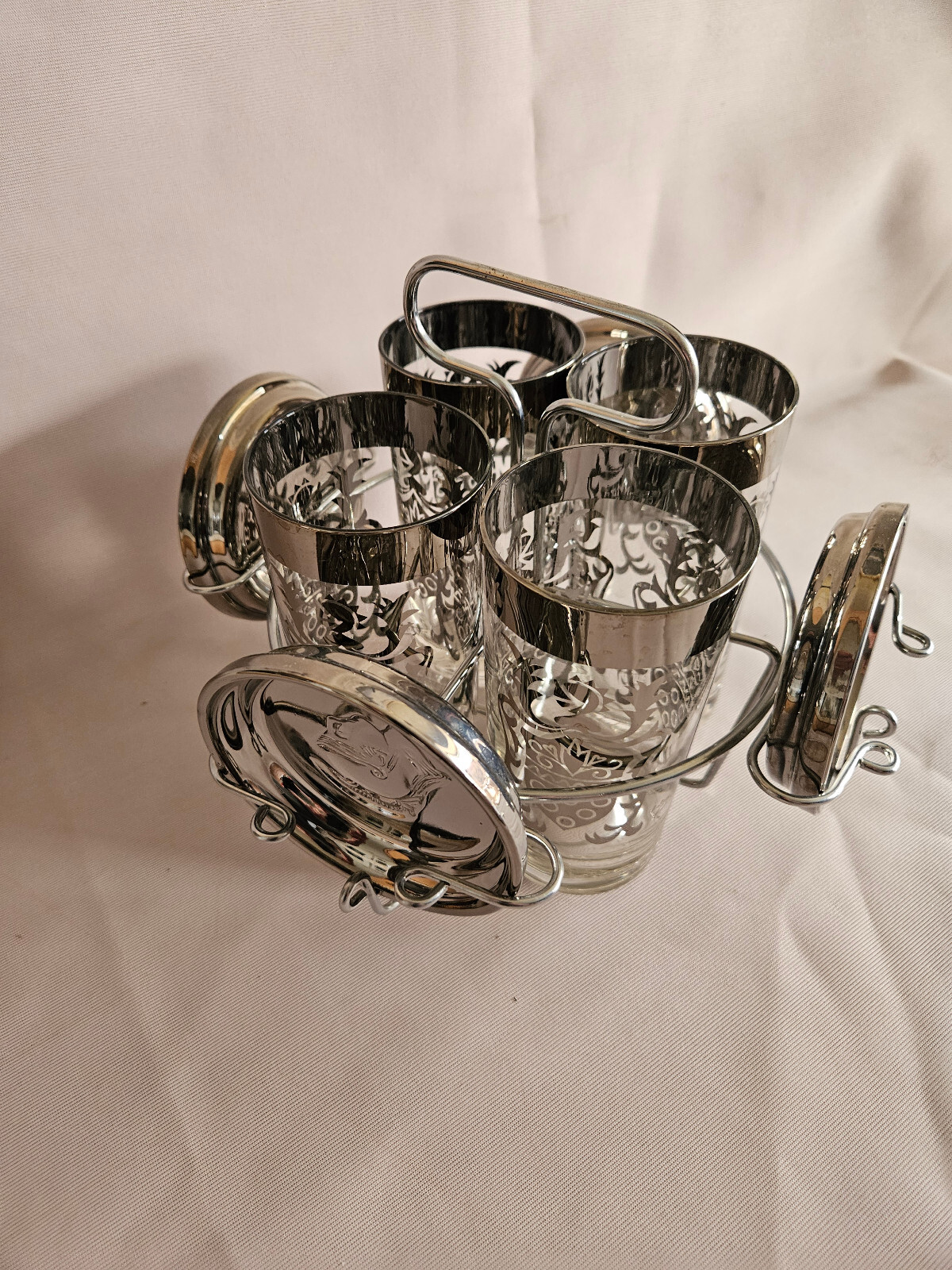 Vintage Kimiko Bar Set 4 Highball Glasses Silver Coasters In Caddy Knight Shield