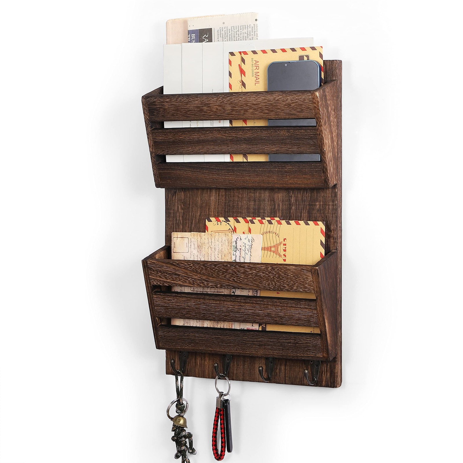 MOOACE Mail Organizer Wall Mount with Key Hooks, 2-Slot Wood Mail and Key Hol...