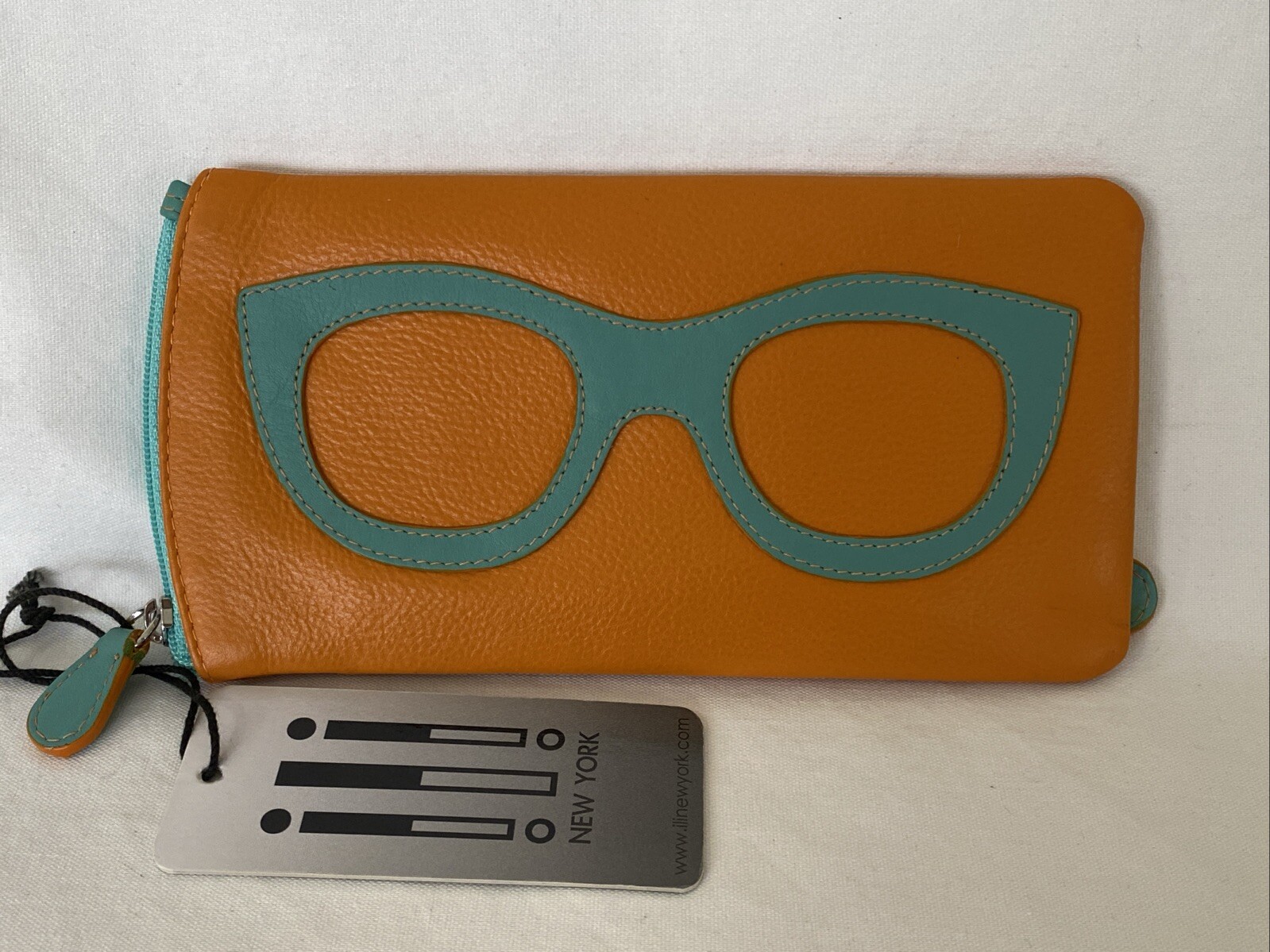 iLi New York LEATHER EYEGLASS CASE with EYEGLASS DESIGN Papaya Turquoise NEW