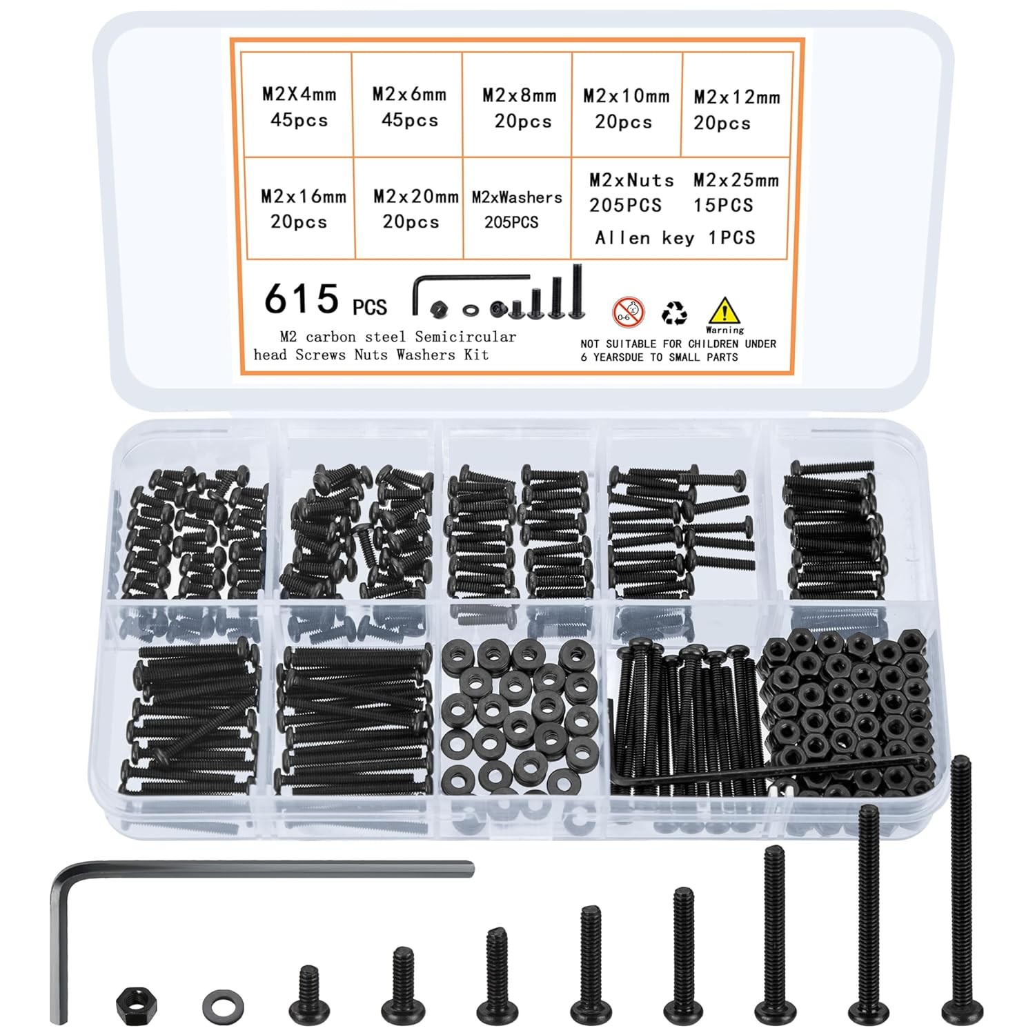 M2 Hex Socket Screw Kit 615pc Metric Bolts Nuts
