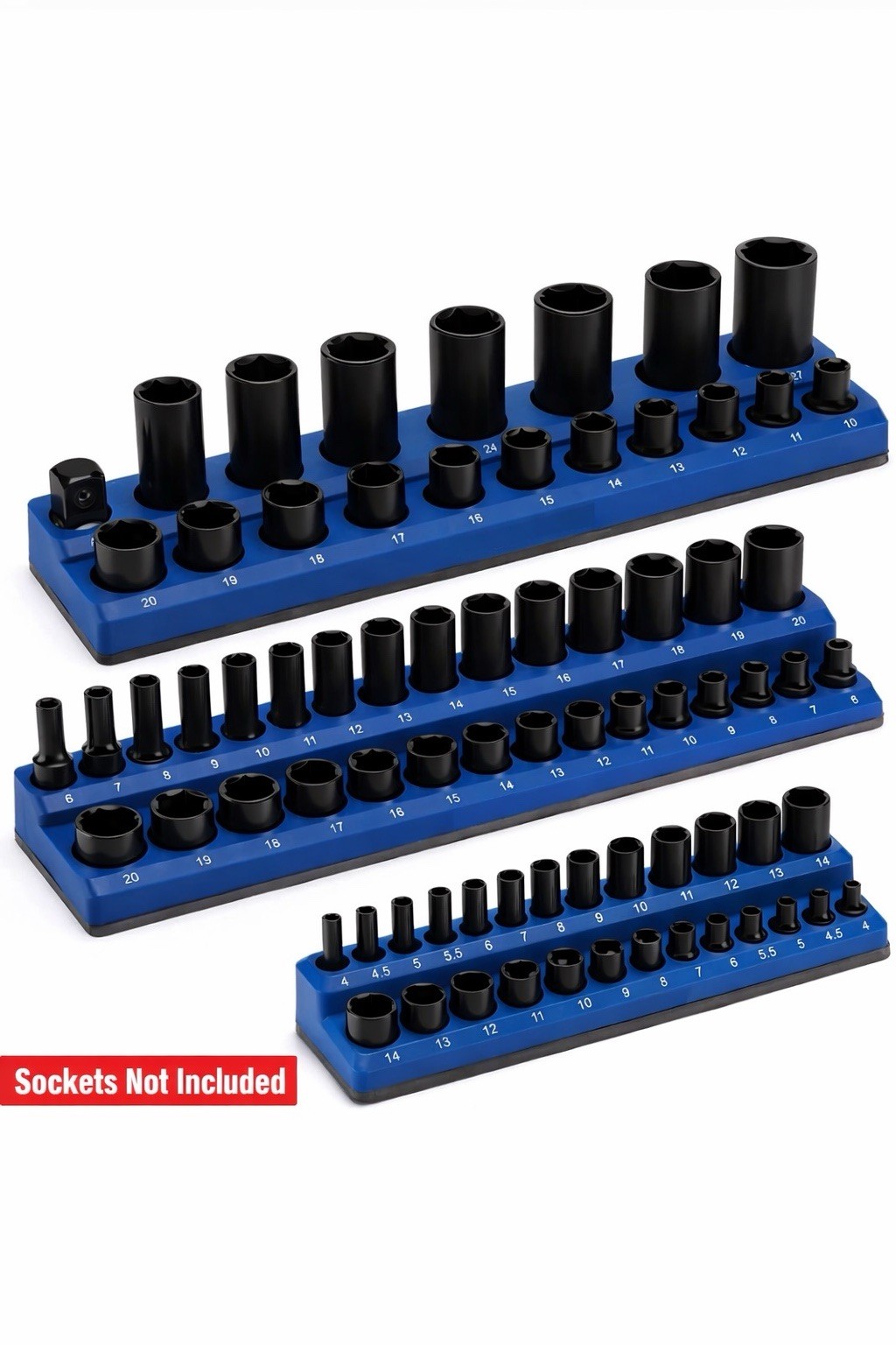 3pc Metric Magnetic Socket Organizer Storage Holder Set 1/4" 3/8" & 1/2" Drive