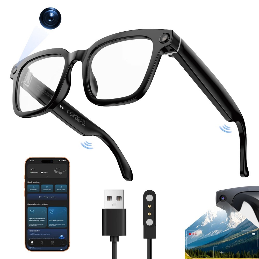 Bluetooth Smart AI Glasses Eyewear Real-Time Translator Headphones w/ 8MP Video